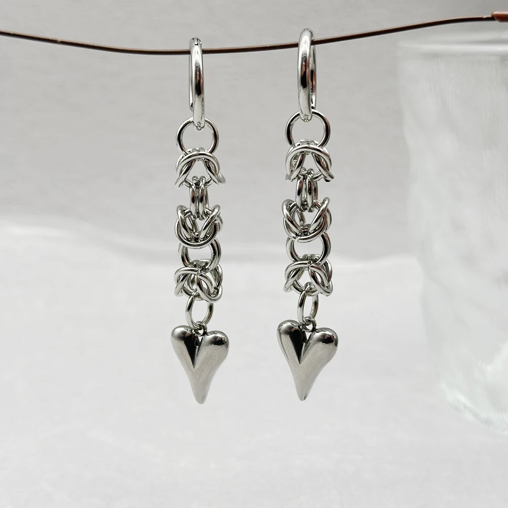 Handmade Stainless Steel Chainmail Heart Dangle Earrings Gothic Stacked Chain Drop Earrings for Women Couple Gift Jewelry