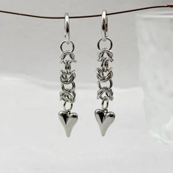 Handmade Stainless Steel Chainmail Heart Dangle Earrings Gothic Stacked Chain Drop Earrings for Women Couple Gift Jewelry