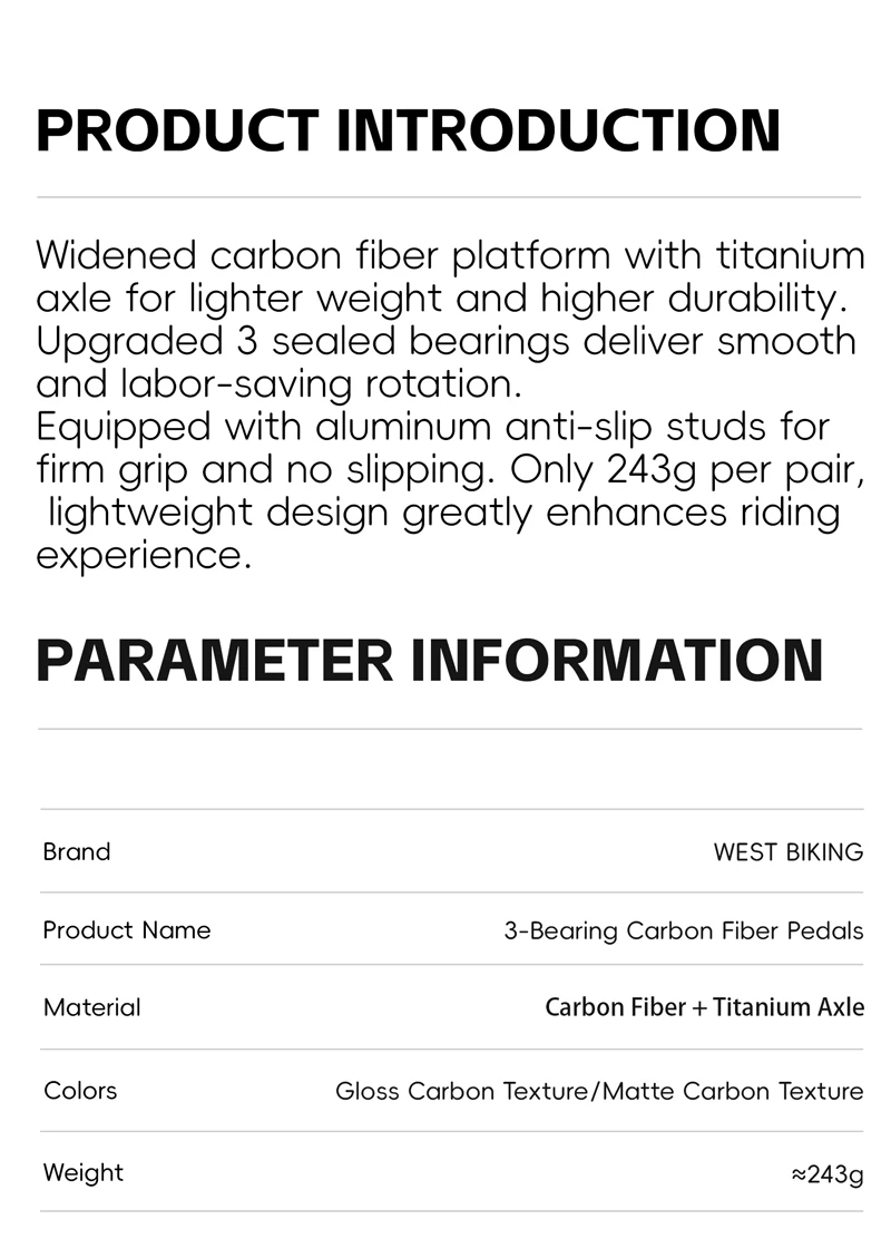 WEST BIKING Carbonfaser-Fahrradpedale 3 Gedichtete Lager Titan-Achse Rutschfeste MTB Rennrad Leichtgewichtige Pedale Fahrradteile – Detail 2