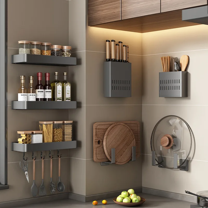 

Kitchen Organizer Shelf Wall-mounted Spice Storage Racks Punch-free Kitchen Knife Holder Wall Seasoning Chopsticks Storage Shelf