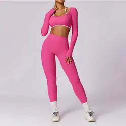 2PCS Zestaw do jogi Dres damski Odzież sportowa Zestawy sportowe Push Up Długi rękaw Crop Top Legginsy z wysokim stanem Strój fitness Odzież sportowa