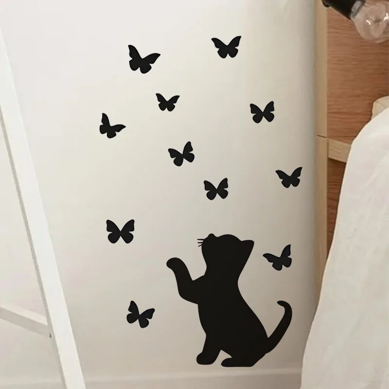 Funny Cat and Butterfly Sticker,  Waterproof Decal for Wall, Cabinet, Refrigrator, Window.
