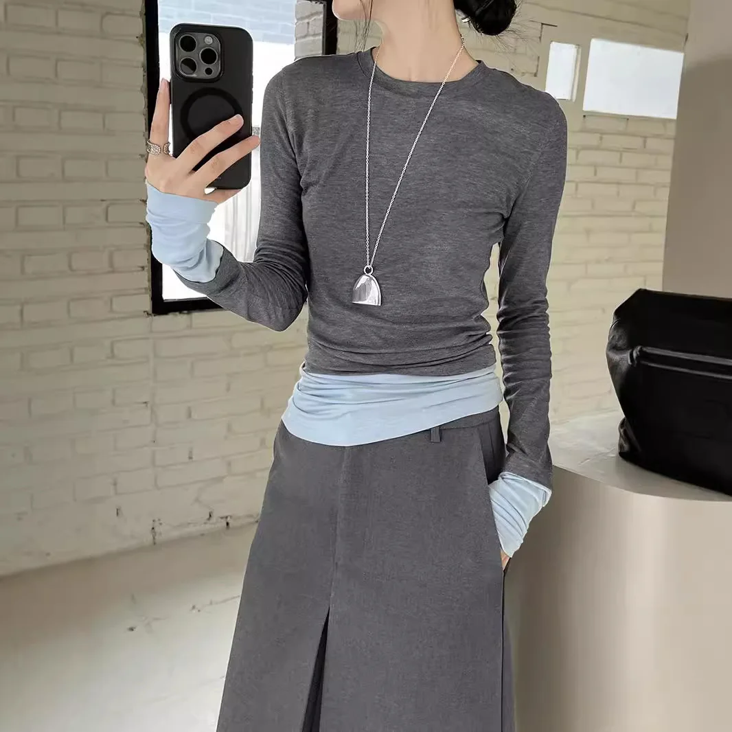 

2025 New Autumn and Winter Round Neck Contrasting Pile Sleeve Base Shirt Slim Fit and Slimming T-shirt for Women