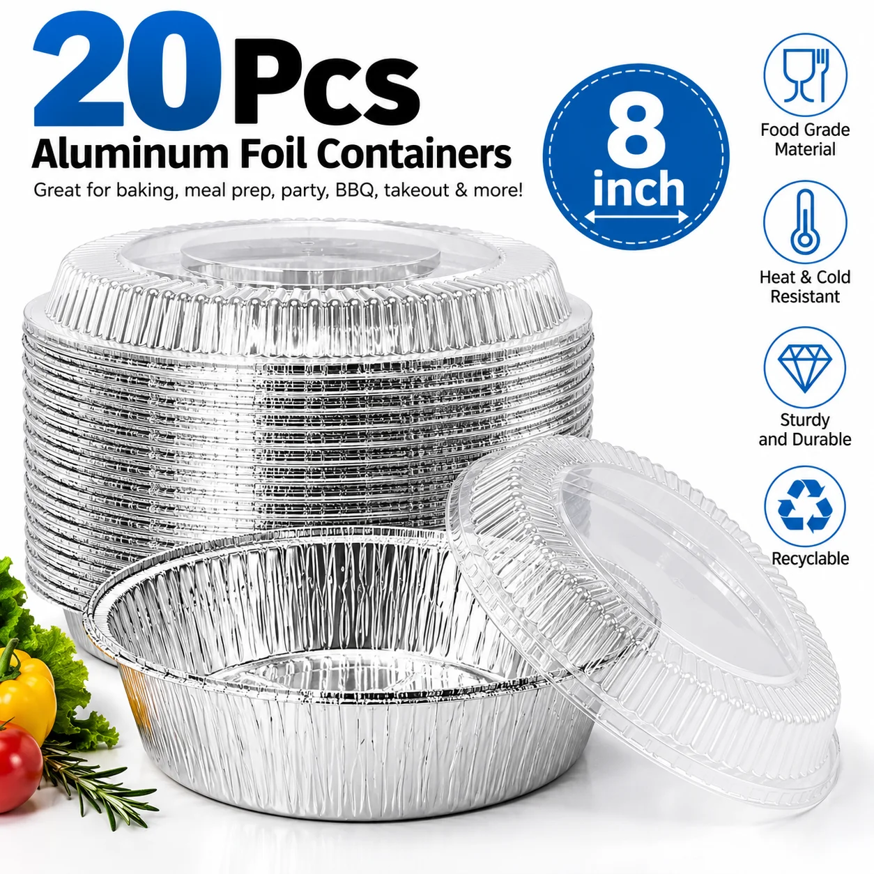20 Pack 8 Inch Round Aluminum Foil Pans with Clear Lids Heavy Duty Disposable Baking Tins for Food Prep, Roasting, Takeout & Catering