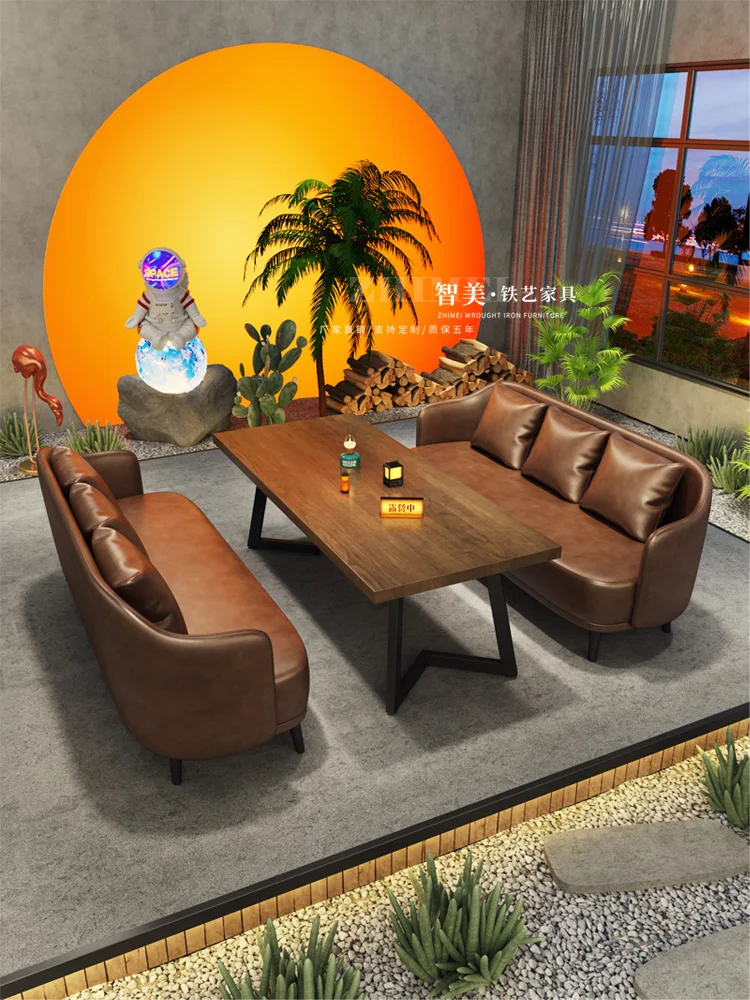 Vintage camping style bar booth sofa barbecue shop coffee shop milk tea restaurant dining bar bistro bar table and chairs