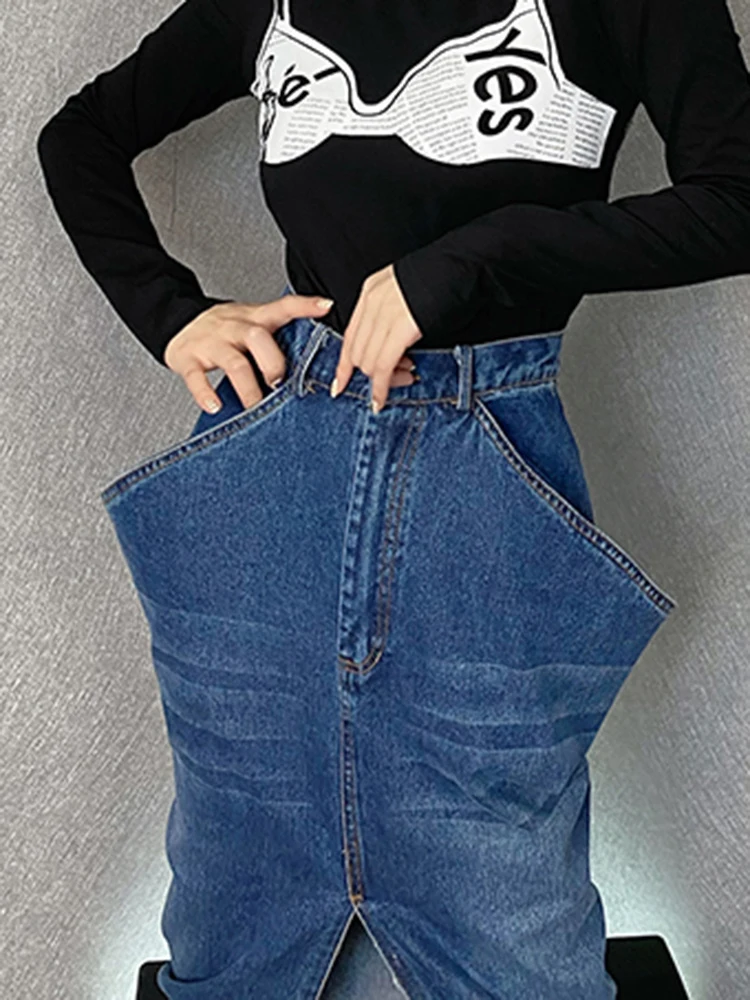 TWOTWINSTYLE Streetwear Denim Skirt For Women High Waist Slim Patchwork Pockets Split Thigh Midi Skirts Female 2022 Spring Style