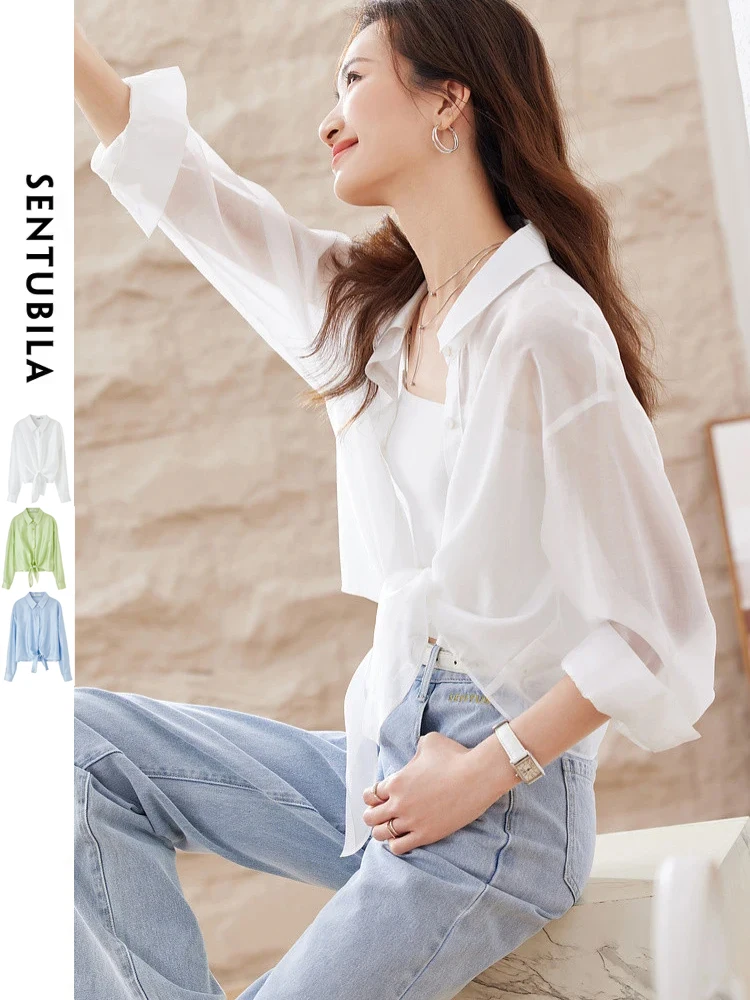 SENTUBILA Sheer Knot Shirts Women 2024 Elegant Casuals Long Drop Sleeve Button Up Shirts & Blouses Female Clothes 132C48674