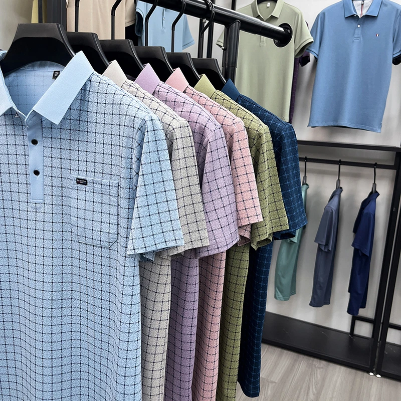 Herren Kurzarm-Poloshirts mit Diamant-Jacquardmuster, klassische Passform, lässige Oberteile, weiche, bequeme, modische Hemden für Männer – Detail 23