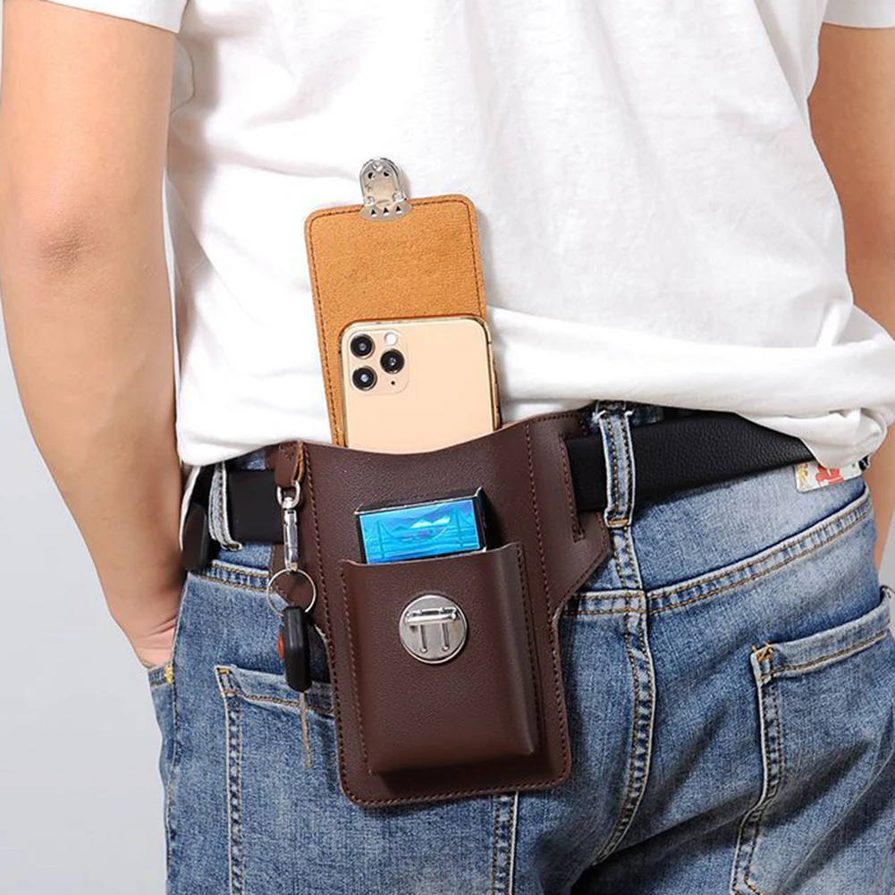 Men Loop Holster Waist Bag Vintage Leather Phone Pouch Bag Multi-compartment Mini Wallet Male PU Solid Color Cellphone Belt Bags