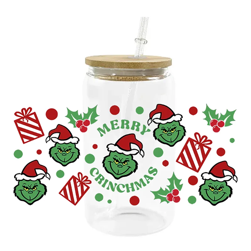 Miniso nuovo Design Cartoon Christmas UV DTF Santa Decal Wrap per 16oz Libbey Glass Can Cup uvdtf Coffee Car Sticker fai da te