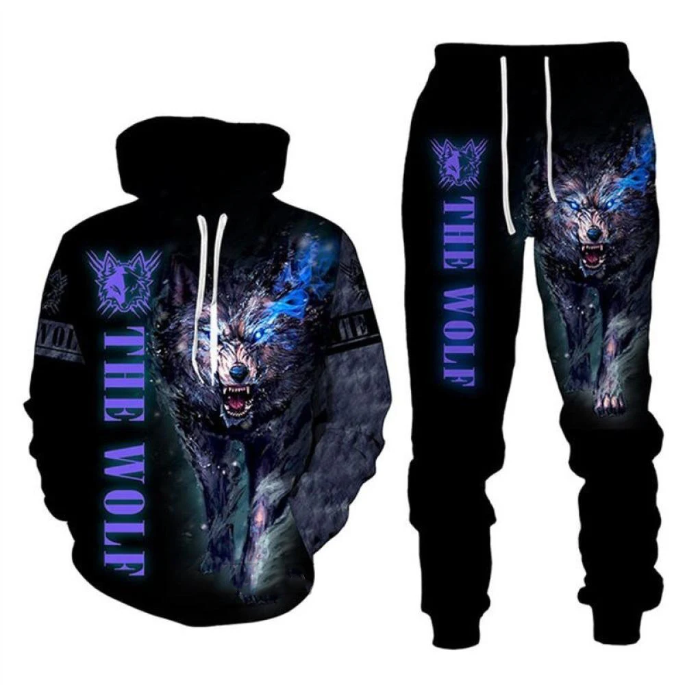 Lobo animal impressão 3d hoodies calças conjunto masculino outono moletom moletom rua sportwear duas peças ternos agasalho homem roupas