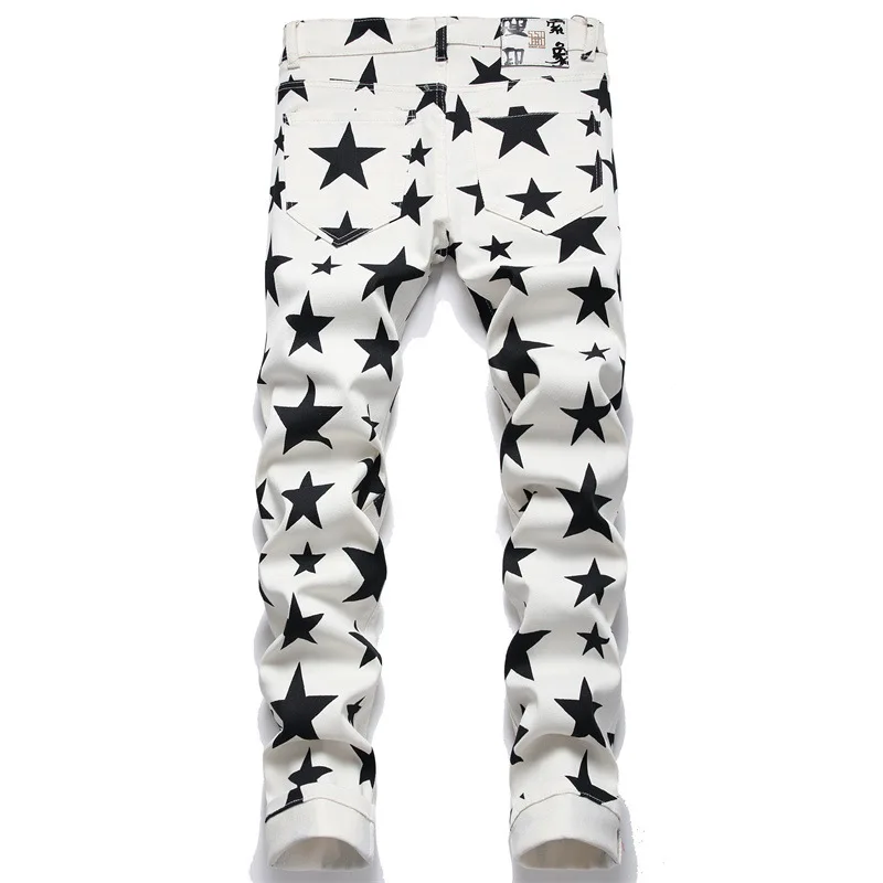 Five-Pointed Star Printed Jeans Men's Fashion High-End Men's Clothing Personality Slim Fit Stretch Skinny Casual White Trousers