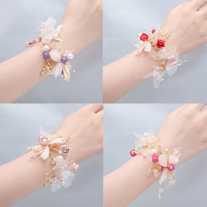 Wedding Pearl Crystal Wrist Flower Corsage Bridesmaid Hand Flowers Bracelet Bridal Marriage Prom Party Jewelry Accessories Gift