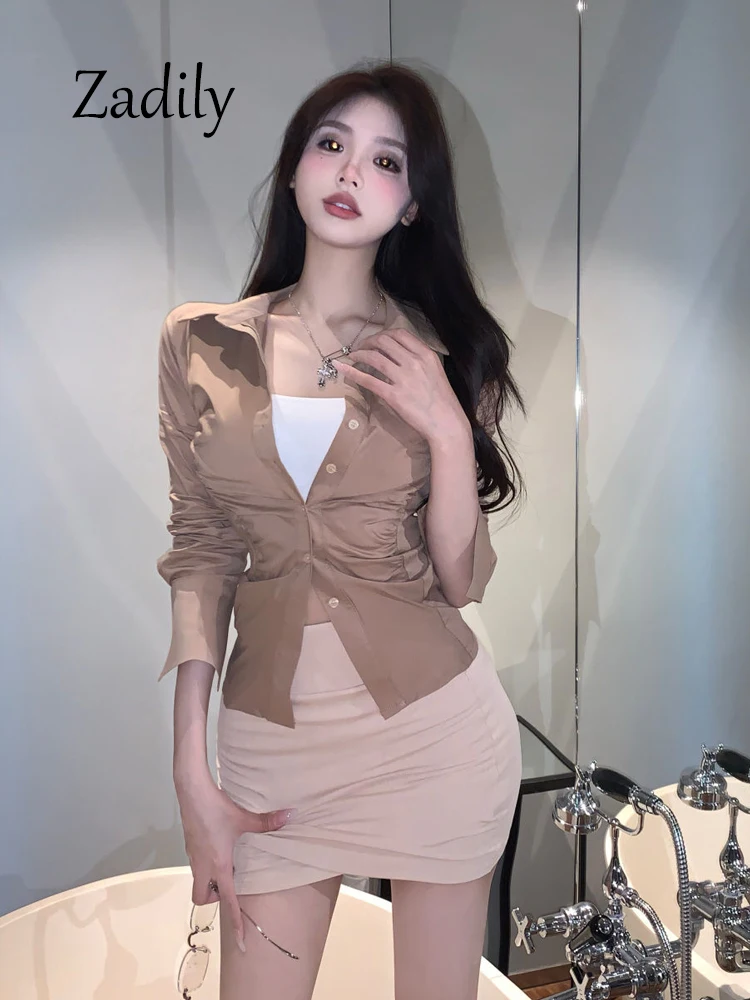 Zadily 2024 Spring Office Lady Women Slim Waist Shirt Korea Style Button Up Woman Work Shirts Folds High Strecth Ladies Blouses