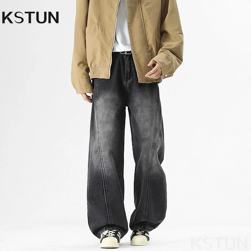 

KSTUN черные мешковатые джинсы мужские широкие брюки свободный крой потертые брюки оверсайз с заплатками уличные мужские брюки полная длина