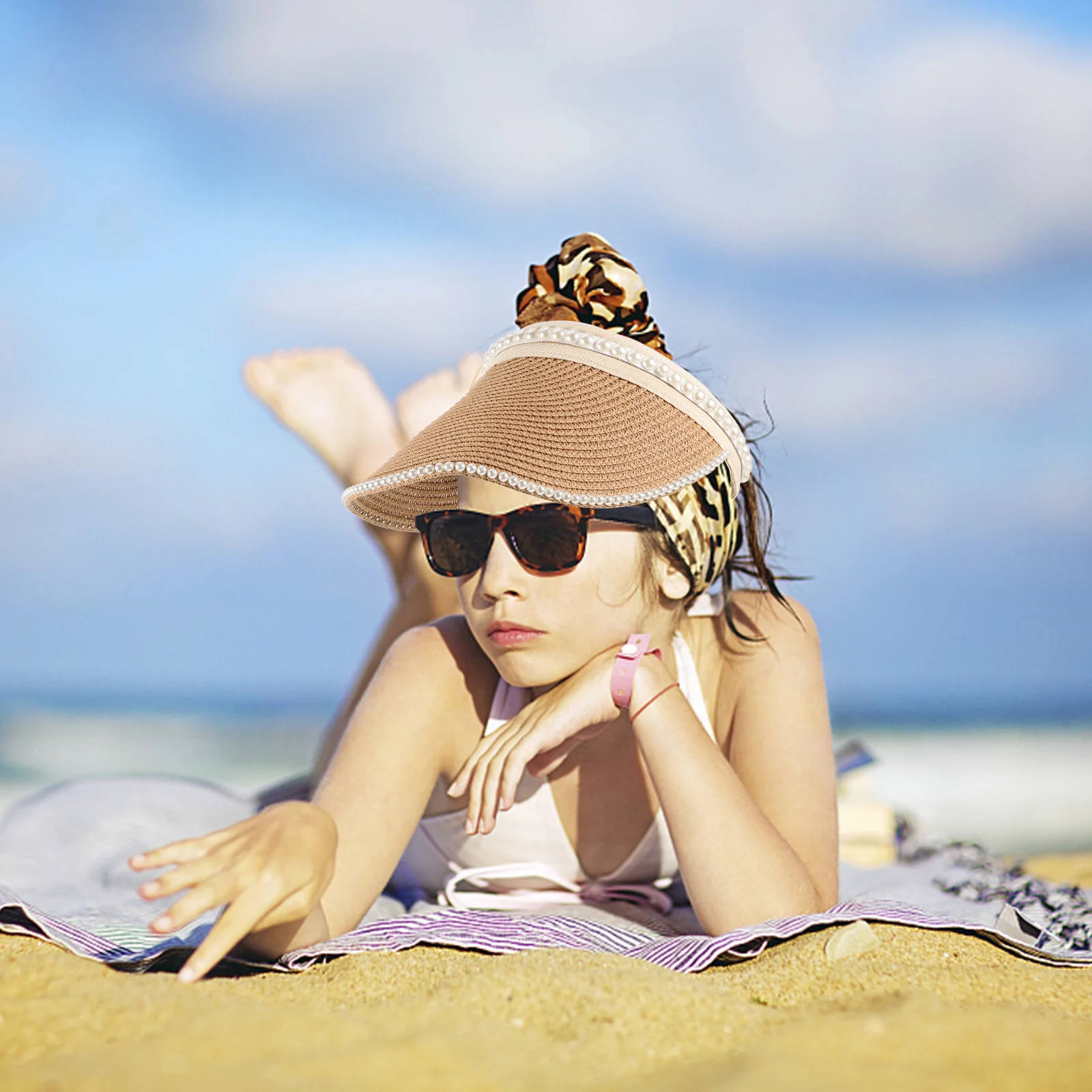 

Pearl Wide Brim Sun Visor Hat Women Breathable Adjustable Straw Hat Uv Protection Beach Travel Casual Summer Sunhat