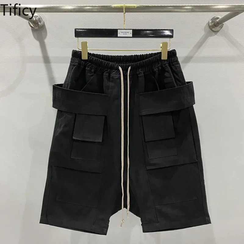 

TIFICY Cotton Casual Pants Men's High Street Solid Color Workwear with Multiple Pockets, Classic Black Double Ring Basic Shorts