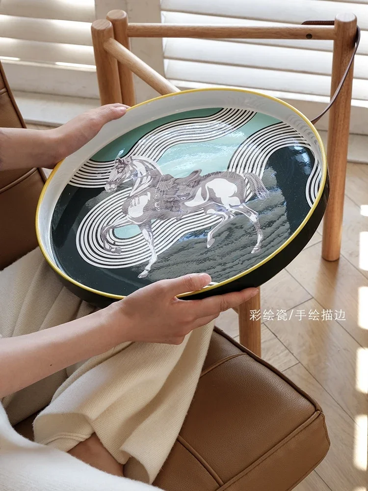 Color porcelain solid wood calfskin tray removable side table coffee table