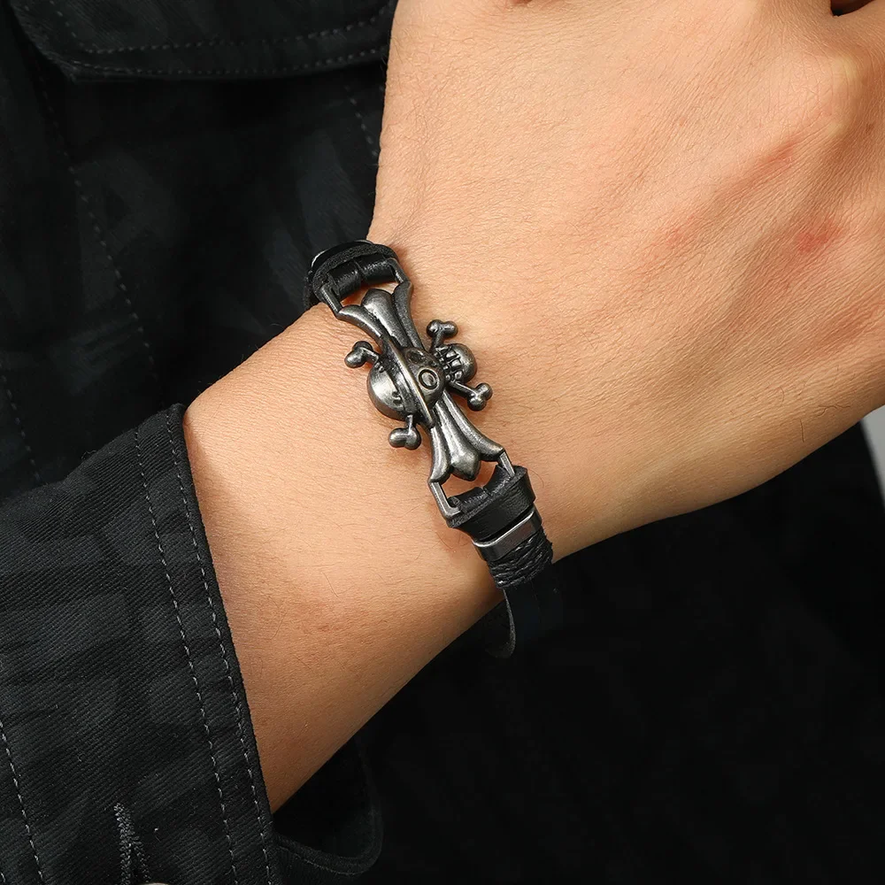 2024 Retro Scorpion Leopard Skull Anchor Wrap Bracelets Black Genuine Leather Bracelets For Men Punk Animal Jewelry Gift