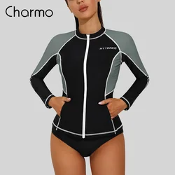 Charmo damskie stroje kąpielowe z długim rękawem z długim rękawem Zipper Front Colorblock koszulka do pływania UPF 50