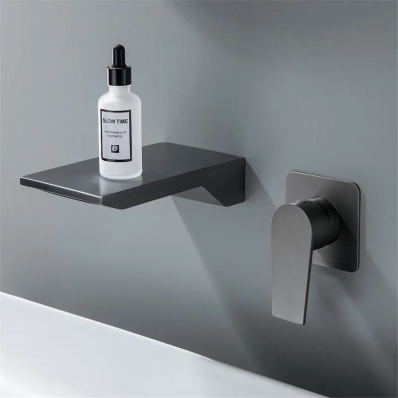 Grey Bathroom Faucet In Wall Brushed Gold Basin Faucet  Black Waterfall Faucet Spout Mixer Tap Set Combination Blanoir Brass tap