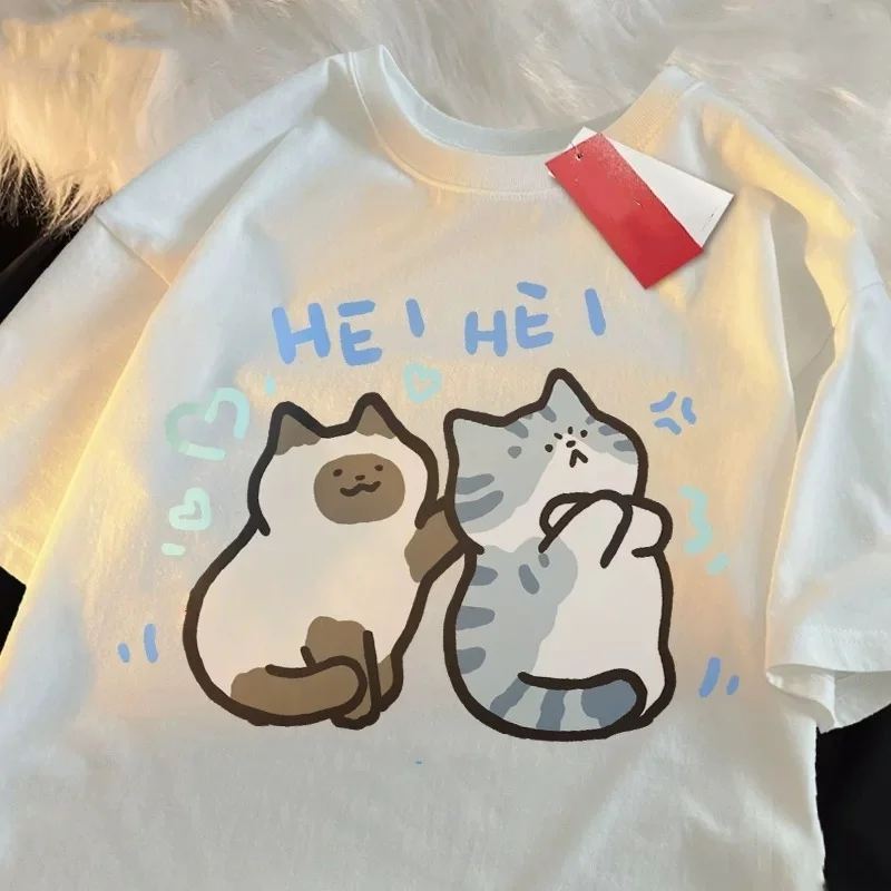 2025 Cute Cat Pure Cotton Couples T-Shirt Loose Fit His And Hers Matching Set Breathable Fabric Casual Daily Wear  Oversize 5XL