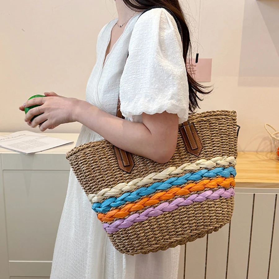 

Summer Straw Bags for Women Basket Shoulder Bags Rattan Woven Top Handle Bag Hollow Raffia Crochet Beach Bag Casual Handbags Sac