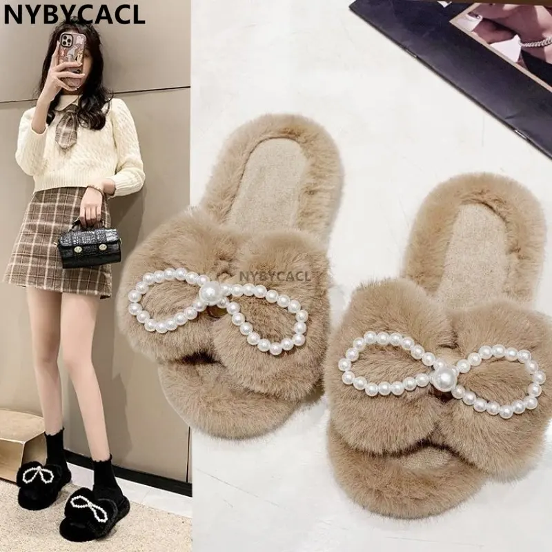 Mink Slippers European Stand Women's Real Mink Fur Slippers Fashion Ladies Furry Slippers Girls Flat Bow pearl Slippers Outside