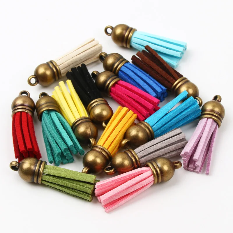 10pcs/lot 38mm Bronze Keychain Tassel Vintage Leather Tassels Fringe for Purl Macrame Pendant For DIY Jewelry Making Supplies