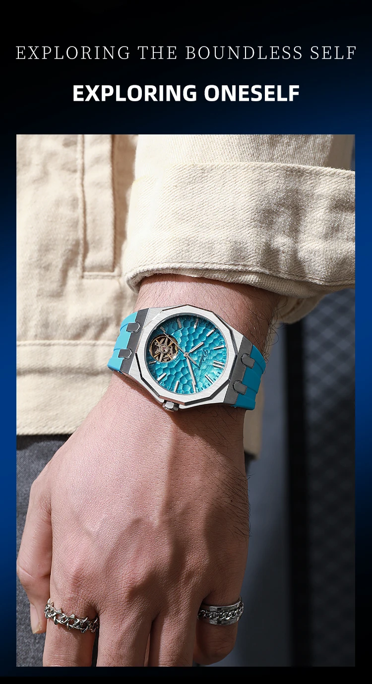 Automatische mechanische Herrenuhr mit orangefarbenem Zifferblatt, Skelett-Tourbillon, achteckige Armbanduhr aus Edelstahl, luxuriöse wasserdichte Uhr – Detail 15