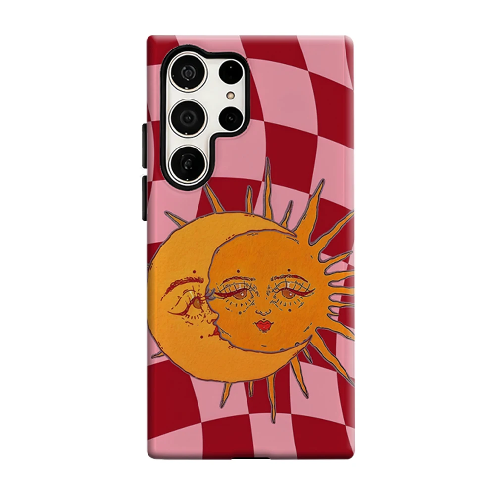 Sun Moon Checkers Phone Case For Samsung Galaxy S25 S26 Ultra S24 S23 Plus Shockproof Double Layer Tough Back Cover