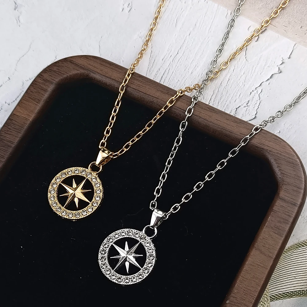 KPOP Merch Compass CZ Necklaces Hiphop Pendant Cubic Zirconia Necklace Gifts for Friends