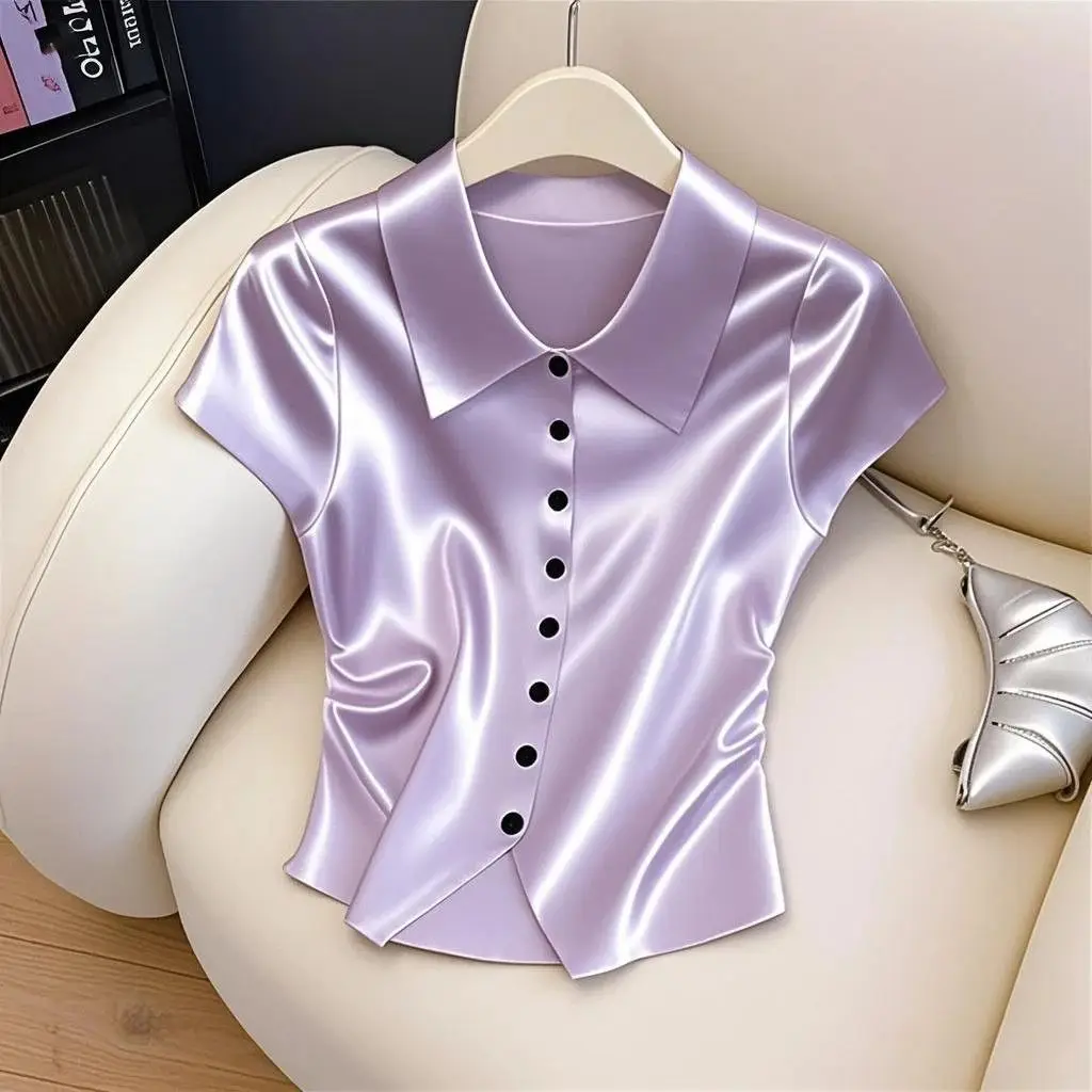 2025 여름 신상 패션 기질 버튼 솔리드 컬러 셔츠 여성 패션 턴다운 칼라 반팔 블라우스 여성 의류