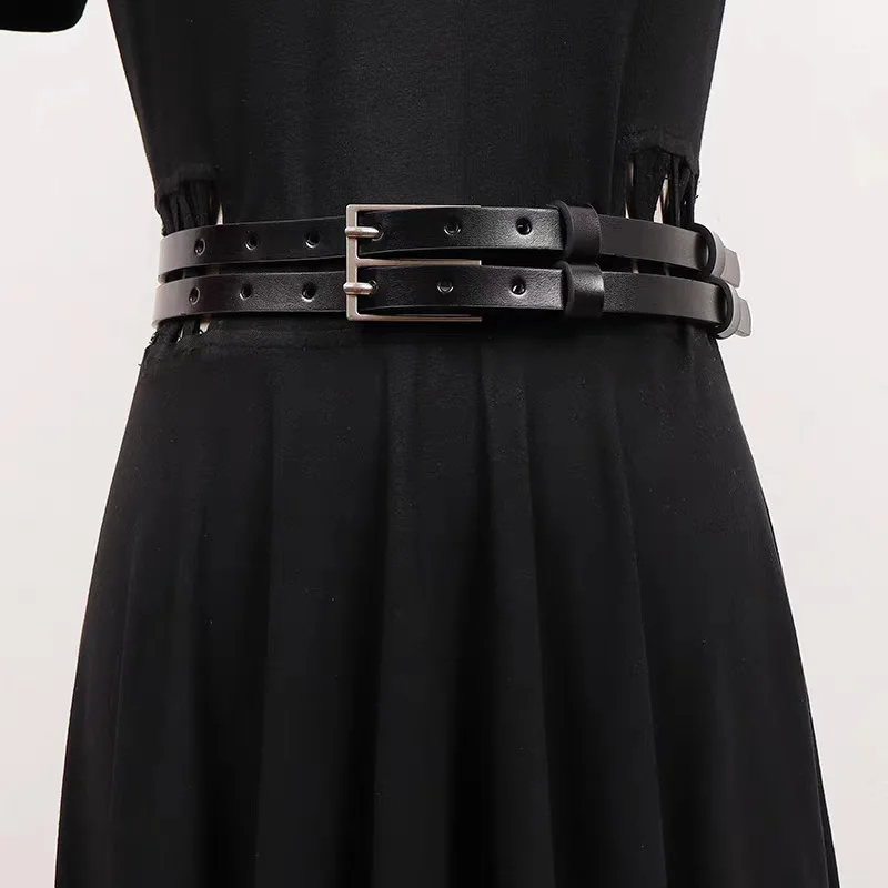 New Woman Leather Decoration Versatile niche Design Double Needle Buckle Hollowed Out Waist Belt Women's Black Fashion Belts