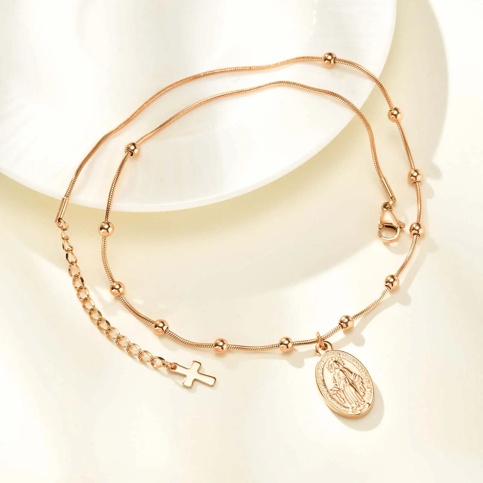 Luxus Retro Rosenkranz Jungfrau Maria Halsketten für Frauen, Edelstahl Perlen Kette Madonna Anhänger Kreuz Schwanz, Religion Beten Schmuck – Detail 5