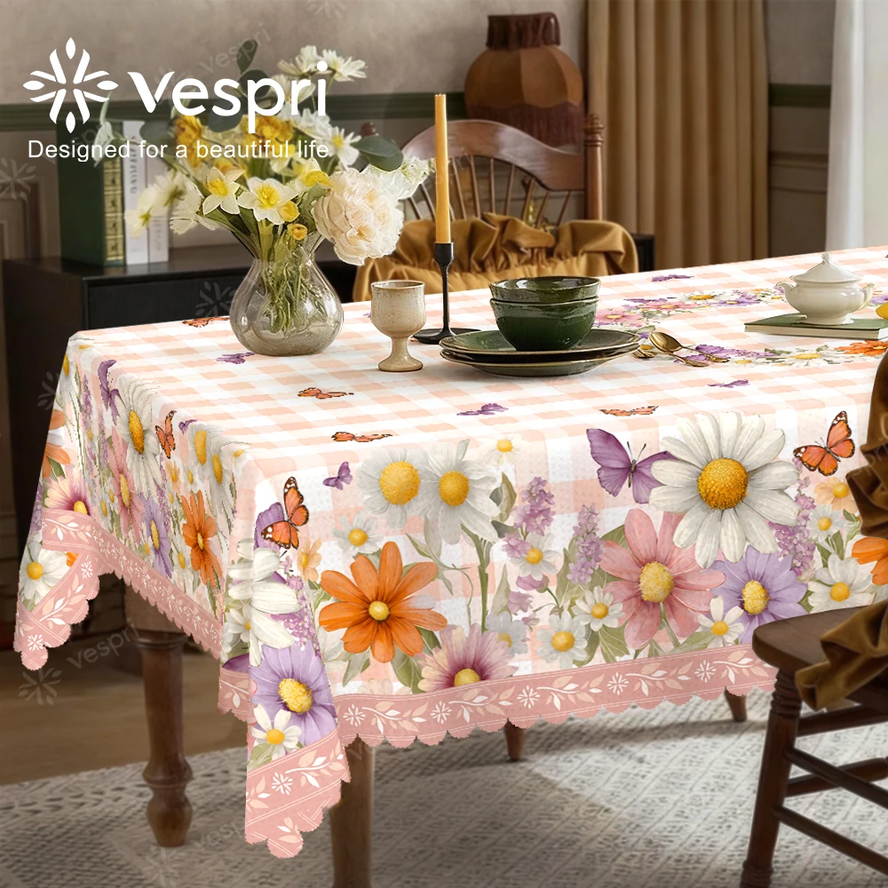 Vespri Frühlings-Blumen-Oster-Tischdecke Rosa Weiß mit Blumen Schmetterlinge Kariert Rund Rechteckig Oval Polyester für Partys