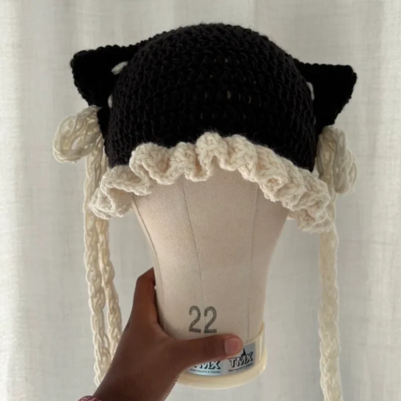 

Cross-border sales y2k girls cat ears hat Handmade crocheted New Winter warmer Cute Funny bow Decoration outdoor windproof hat