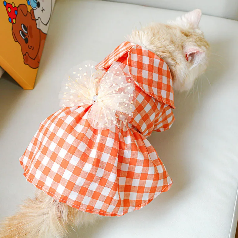 

Summer New Pet Lovely Dress Polyester Material Thin Breathable Pet Plaid Skirt Decorated with Bow and Pearl Pet Apparel Clothing