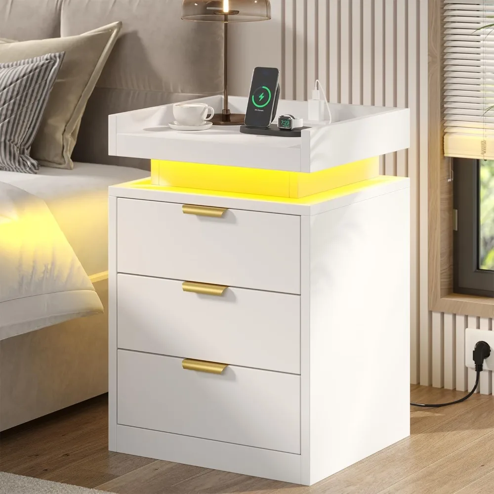 

Nightstand with Charging Station & USB Ports, 3-Drawer Bedside Table with Adjustable RGB LED Lights, High-Gloss Modern Night
