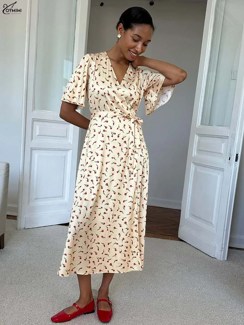 Oymimi 秋イエロープリントレディースドレスファッション V ネック半袖レースアップドレスエレガントなサテンストレートミッドカーフドレス