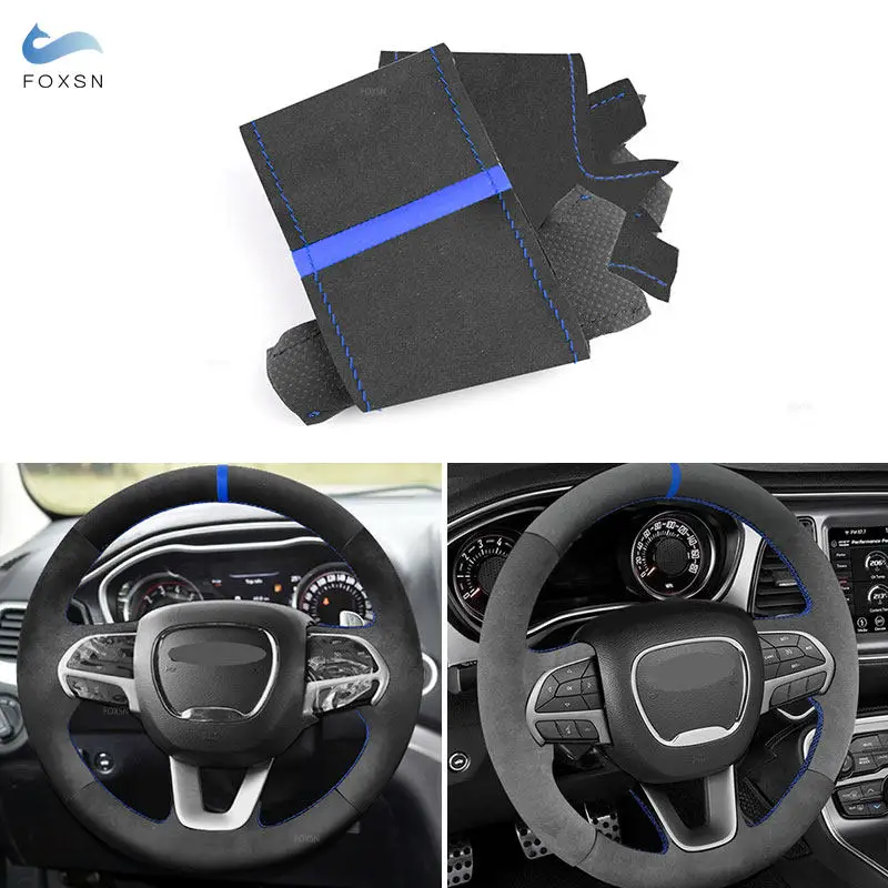 Car Steering Wheel Cover Suede Leather Trim with Blue Threads Strip For Dodge Challenger Charger 2015-2021 Durango 2018-2021