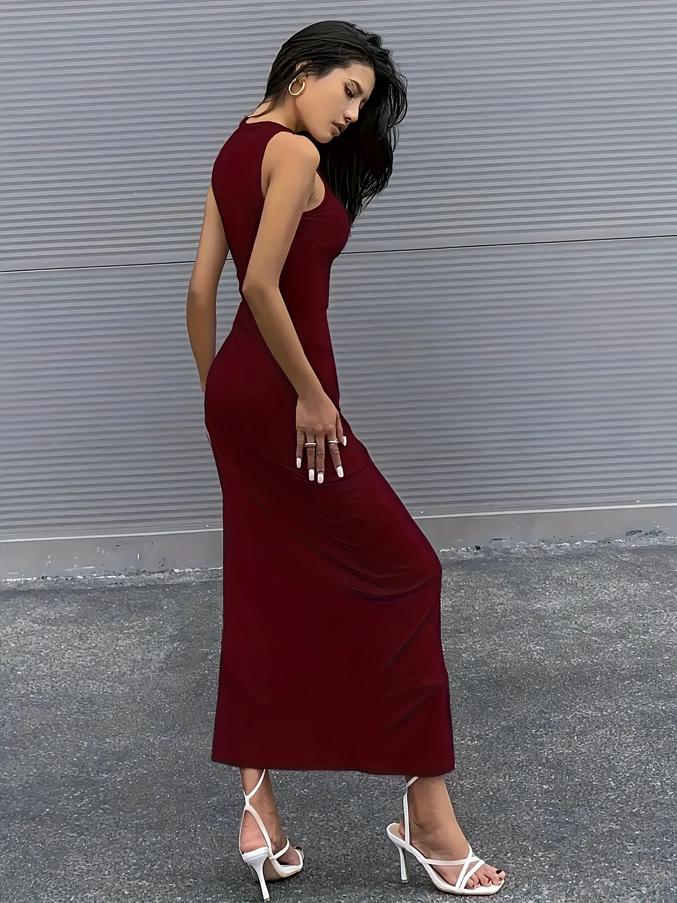 Elegant Sexy Pleated Slit Hem Round Neck Sleeveless Dress Spring Summer Clothes Tight Waist Long Skirt