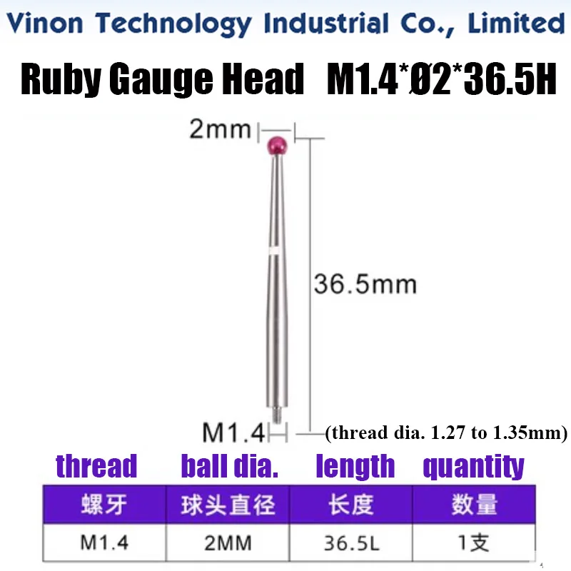 M1.4xØ2x36.5mm Ruby Gauge Head for Lever type dial indicator dialgage red jewel needle, Leverage Dial Indicator Ruby Test Head