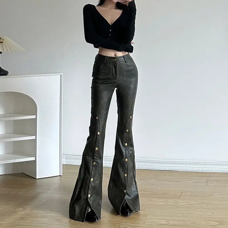 Micro-Flared Trousers With Slits And Multi-Button Design Autumn Winter New High-Waist Slimming Women'S Retro Flared Trousers