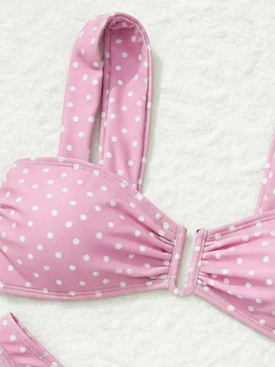

Pink Polka Dot Pattern Fashionable Beach Bikini Set For Women