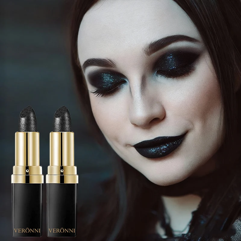2pcs Set Dark Style Eyeshadow Palette Makeup Set with Diamond Black Lipstick Long-lasting Waterproof Black Smoky Gothic Style