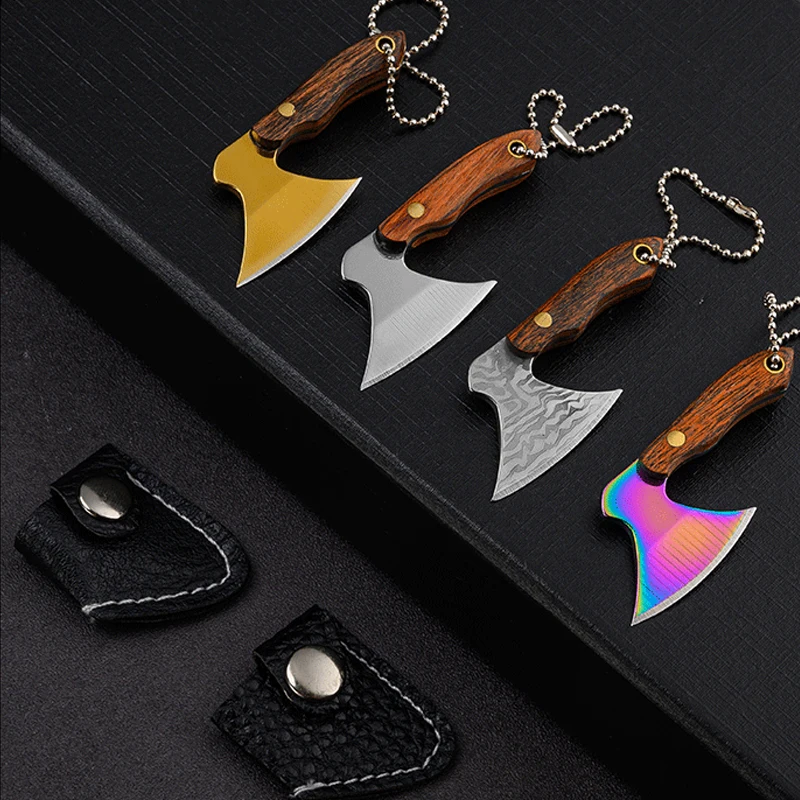 Mini 440 Stainless Steel Axe Hatchet Pocket Knife Keychain EDC Full Tang Wood Handle Gift with Sheath Keyring Box Cutter Tools