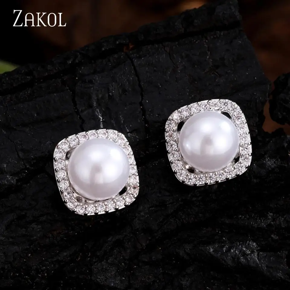 ZAKOL Exquisite Fashion Square Micro-set Zircon Imitation Pearl Women's Stud Earrings Retro Temperament Daily Versatile Jewelry