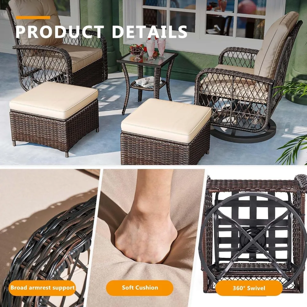 Ensemble de meubles de Patio 5 pièces, planeurs pivotants d'extérieur en rotin et osier avec 2 poufs, ensemble de bistro de Patio à bascule avec chaises à bascule et