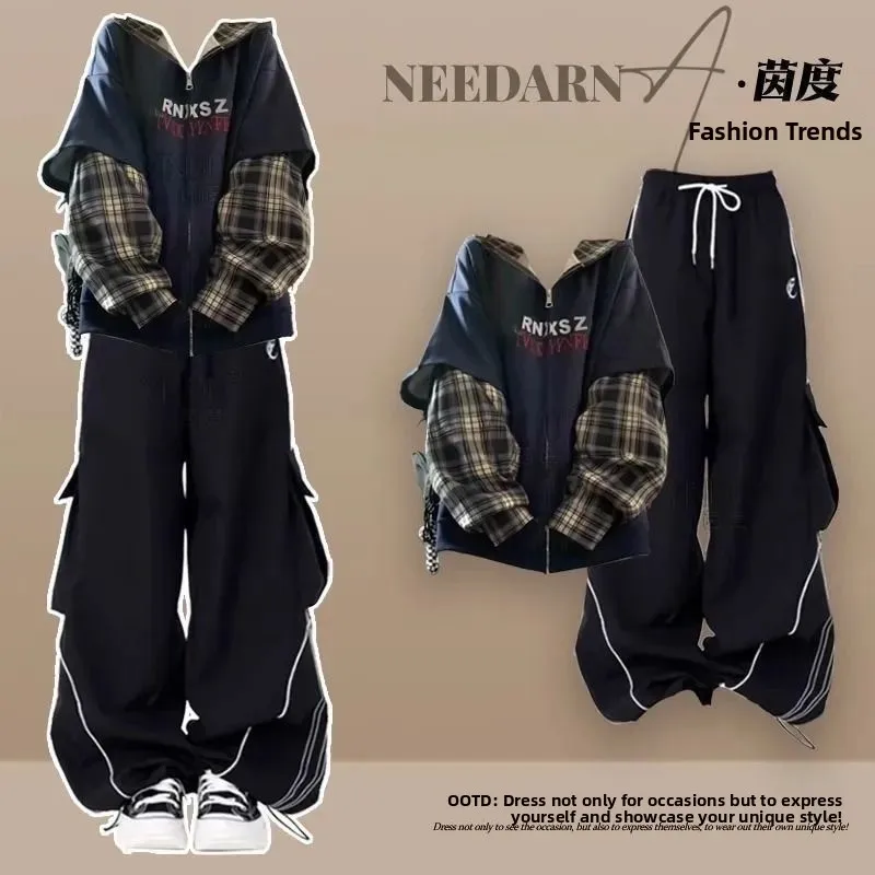 Fashionable Loose Sweatshirt And Work Pants Set for Middle School Girls 2025 New Style Two-Piece Set Cotton Long Sleeve Hoodie